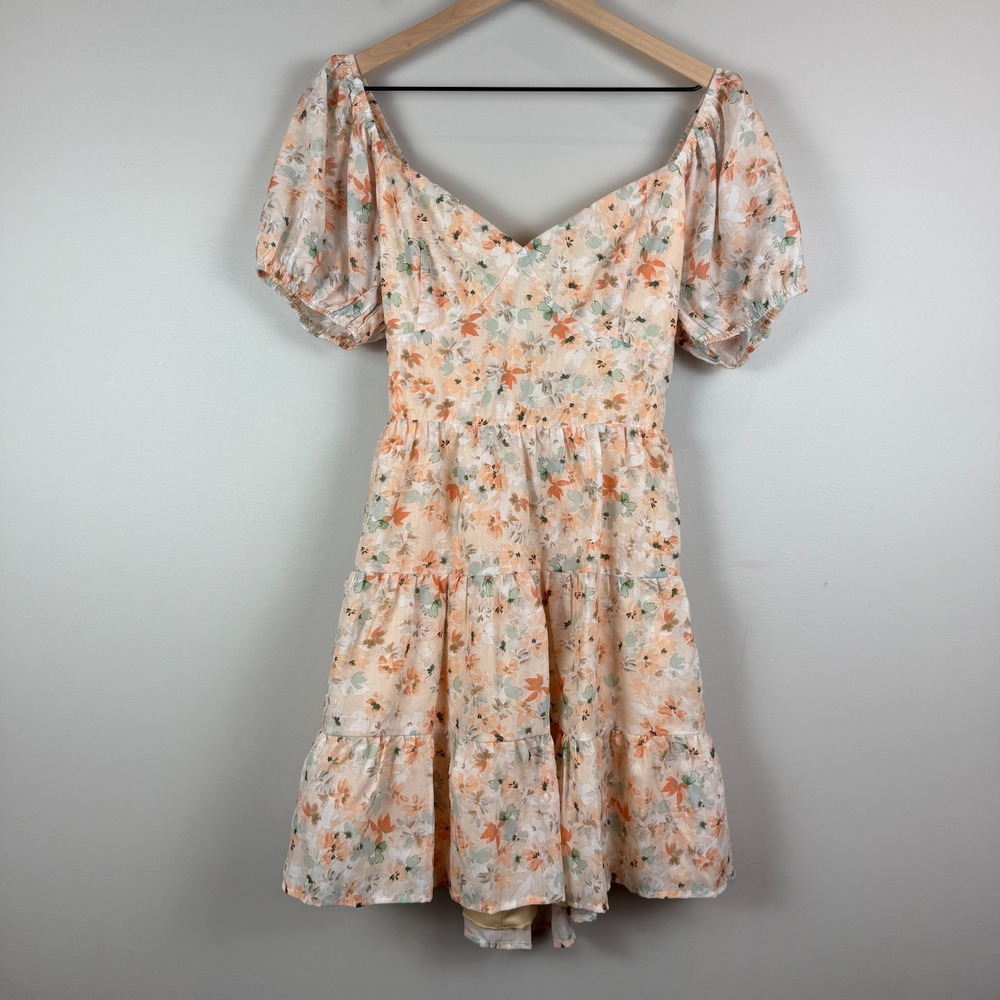 Dee Elly Mini Dress Women's XL Multicolor Floral Tiered Strap Back Puff‎ Sleeve